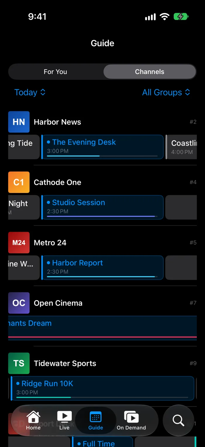 The guide on iPhone, one timeline per channel