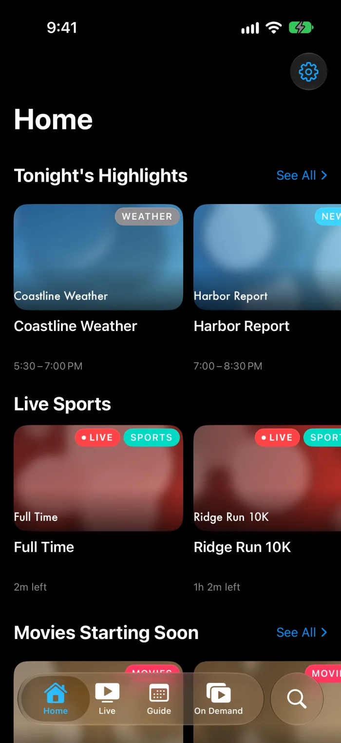 Cathode TV Home on iPhone with Tonight's Highlights and Live Sports