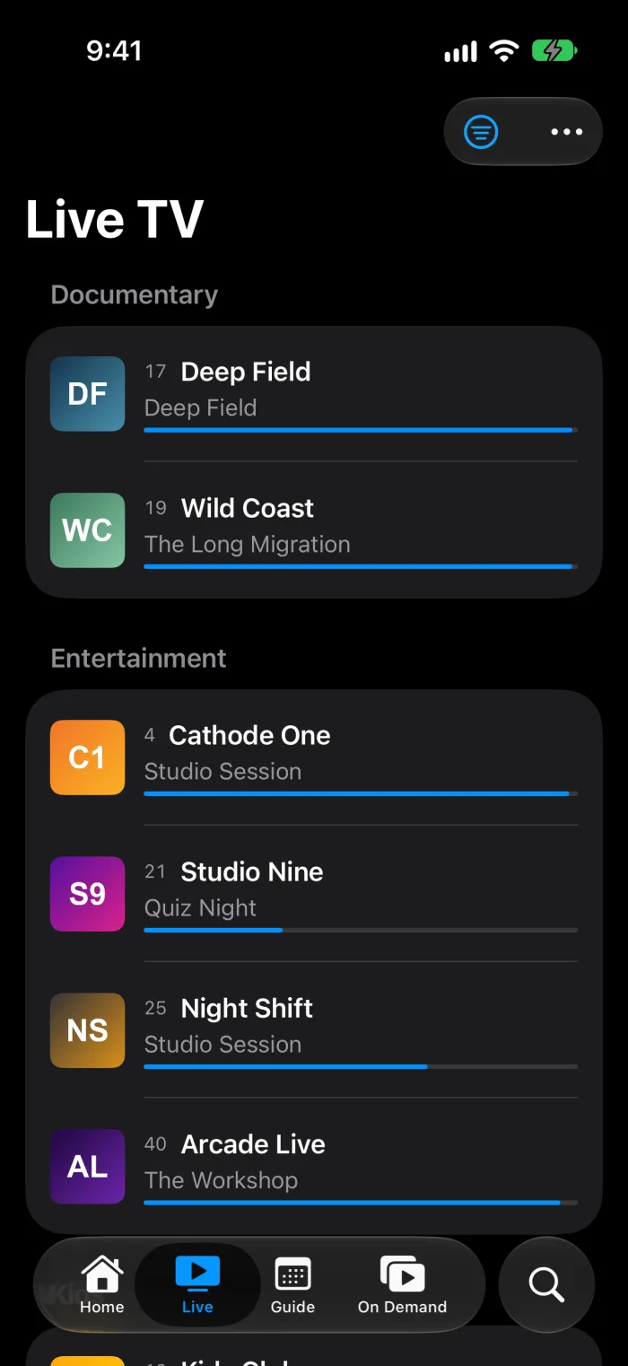 The Live TV channel list on iPhone, grouped by category