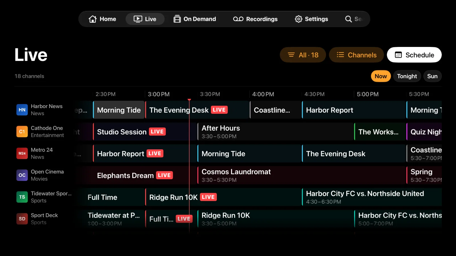 The Cathode TV guide grid on Apple TV, with channels down the side, times across the top and live programmes marked