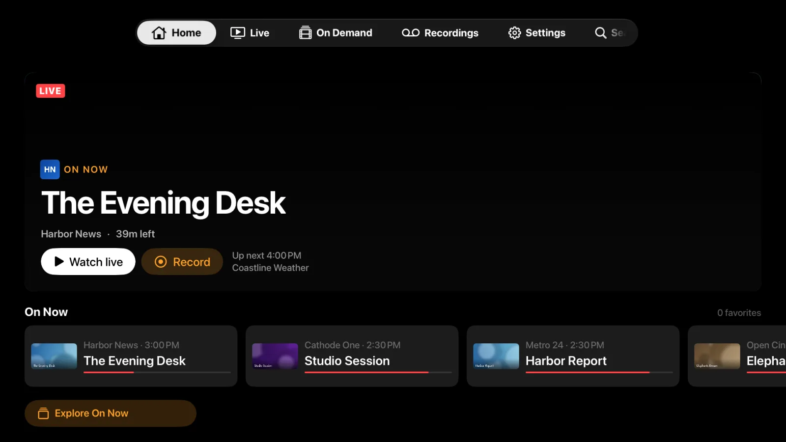 Cathode TV Home on Apple TV: the channel on now, with Watch live and Record buttons, and a row of what's on now across channels